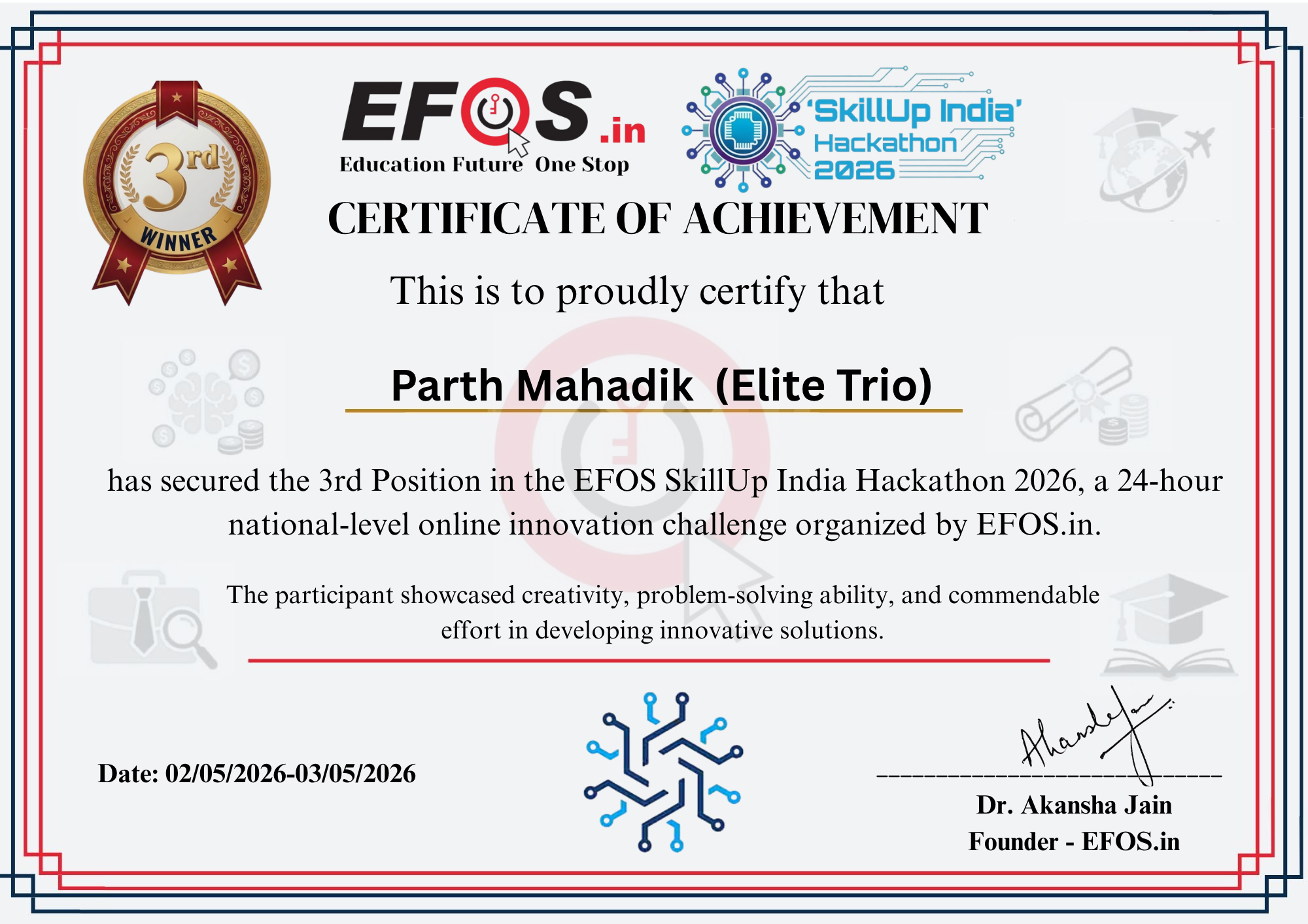 Certificate of Winner - EFOS SkillUp India Hackathon 2026